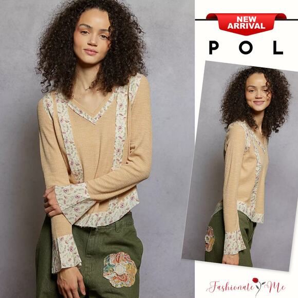 POL Floral Patch V-Neck Long Sleeves Raw Edge details Ribbed Top | Nude Beige - Picture 1 of 6
